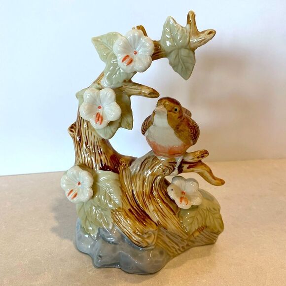 Source Unknown Other - Collectible high gloss ceramic porcelain bird on perch surrounded by Holly Hocks